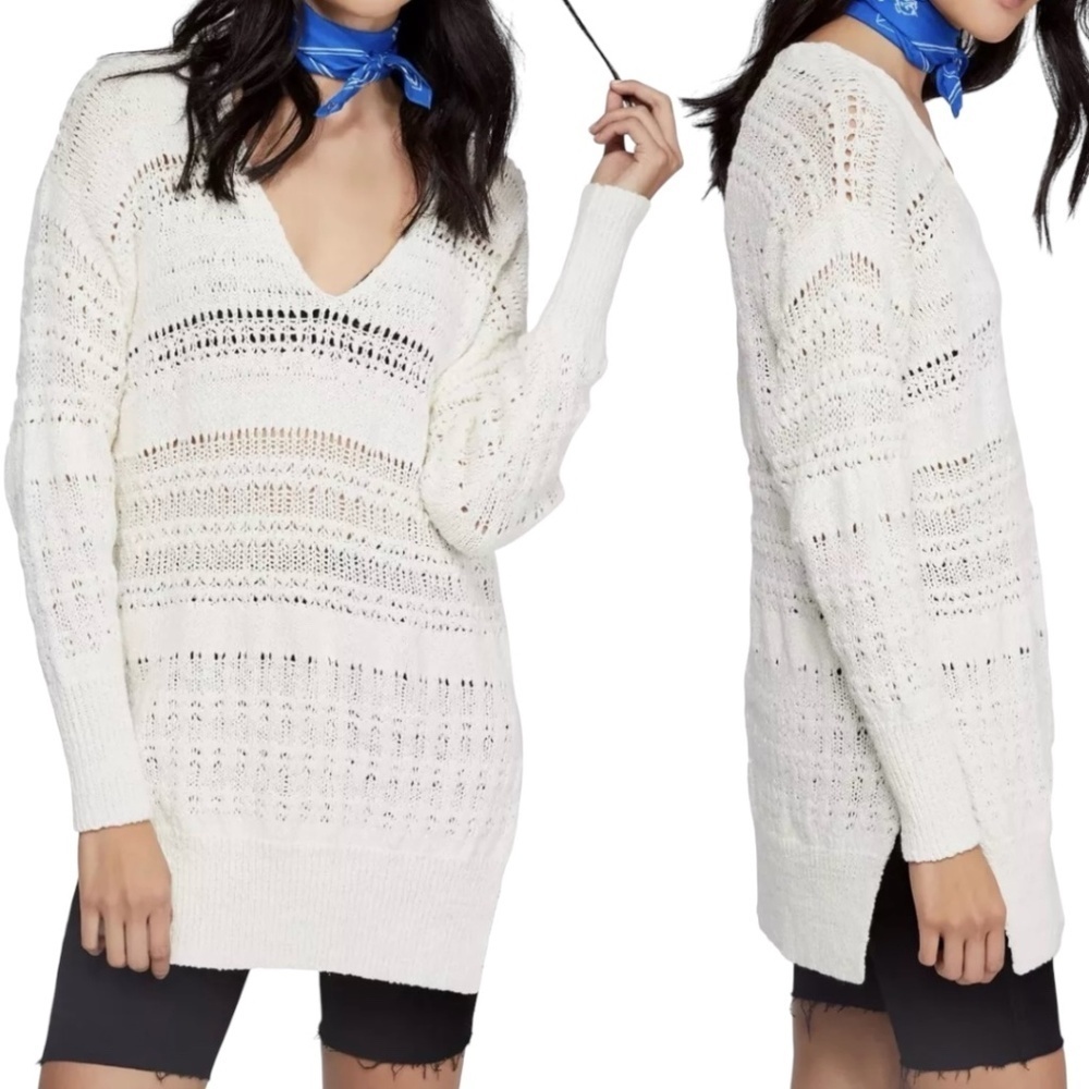 Free People Ivory Open-Knit V-Neck Sweater